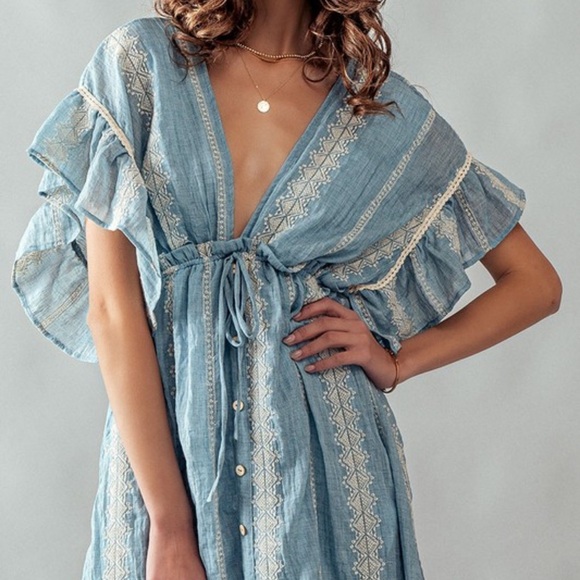314. LAST 1 Maxi Ruffle Dress Oversized Blue Lace Embroidered clearance - Picture 4 of 6